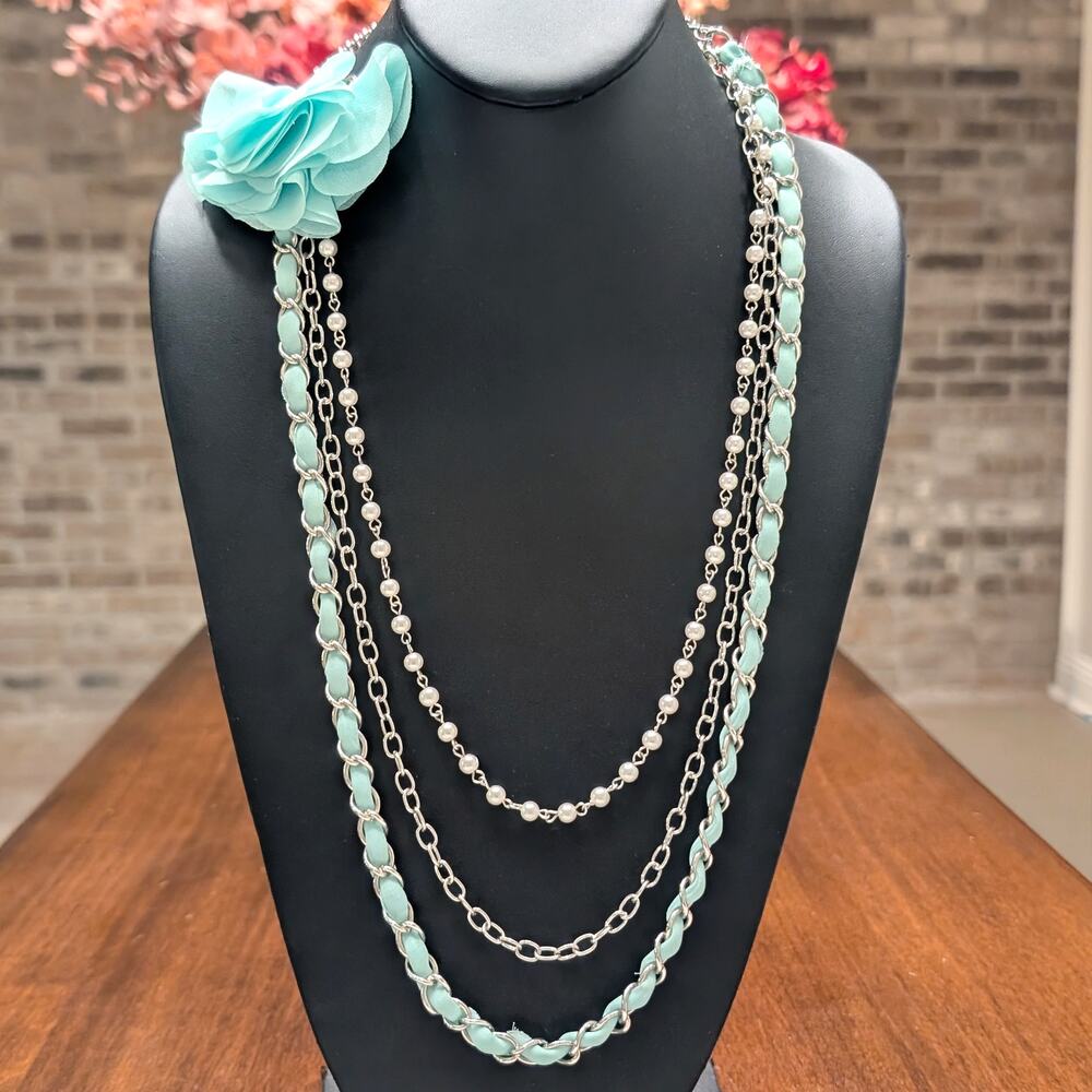 Extra Long Aqua Tone, Faux Pearl & Silver Tone Bib Necklace - Fair Condition
